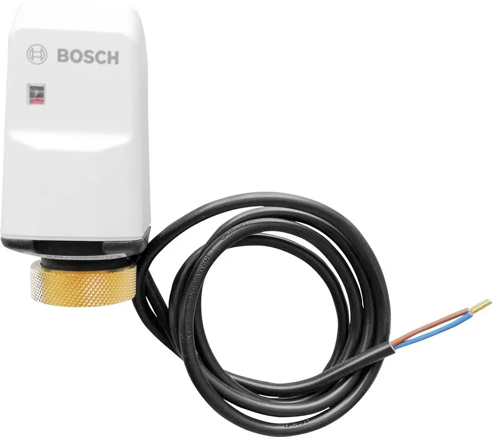 Stellantrieb von Bosch mit Kabel und Anschlussleitungen. Das Gehäuse ist weiß, mit einer runden, goldfarbenen Befestigungsmutter am unteren Ende.
